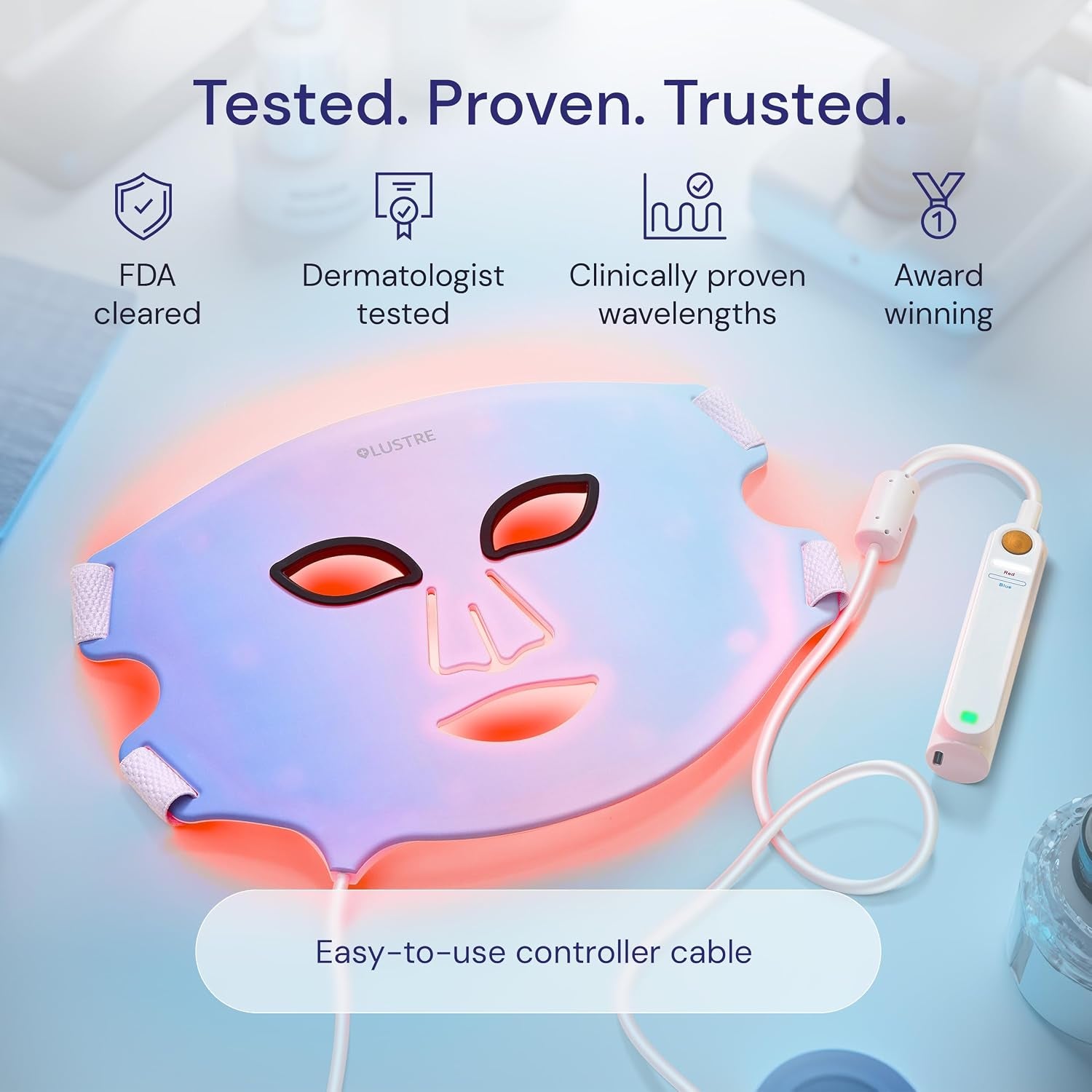 LED Face Mask Light Therapy – 2-In-1 Red Light Mask & Blue Light Mask for Acne & Anti-Aging Skincare – Dermatologist-Approved Silicone Blue & Red Light Therapy Mask for Face Treatment by LUSTRE